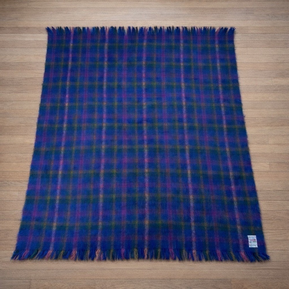 Vintage Avoca Mohair Wool Throw Blanket Blue Green Plaid Made In Ireland 71 X 54